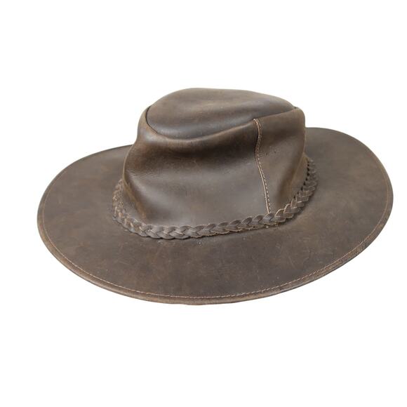 Vintage Dark Brown Leather Wide Brim Western Cowboy Rancher Hat - Picture 1 of 6